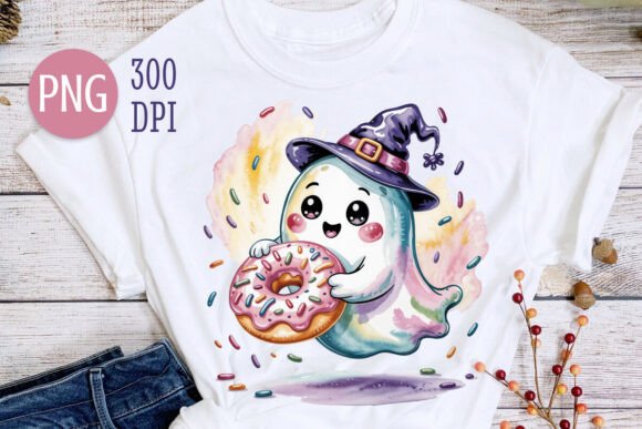 Cute Halloween Ghost with Donut PNG
