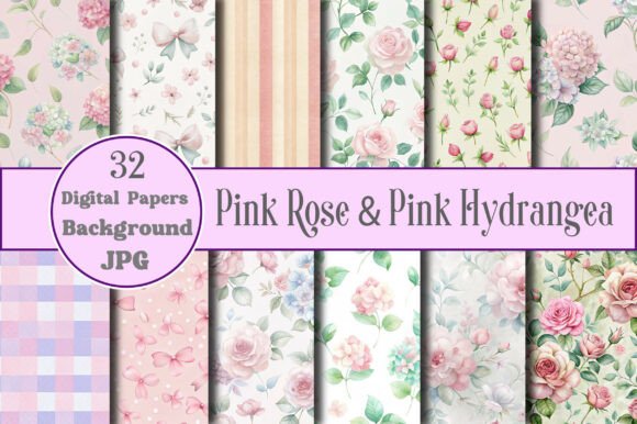 Pink Rose & Hydrangea Digital Paper for Crafts