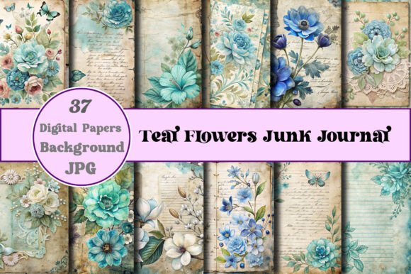 Teal Flowers Junk Journal Digital Papers: A Versatile Creative Resource